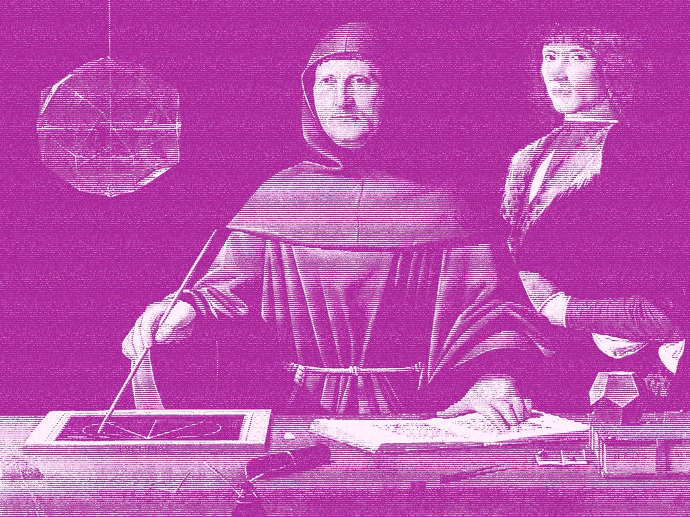 Halftone rendering of a Renaissance portrait of Luca Pacioli, the father of accounting, at a desk with a ledger